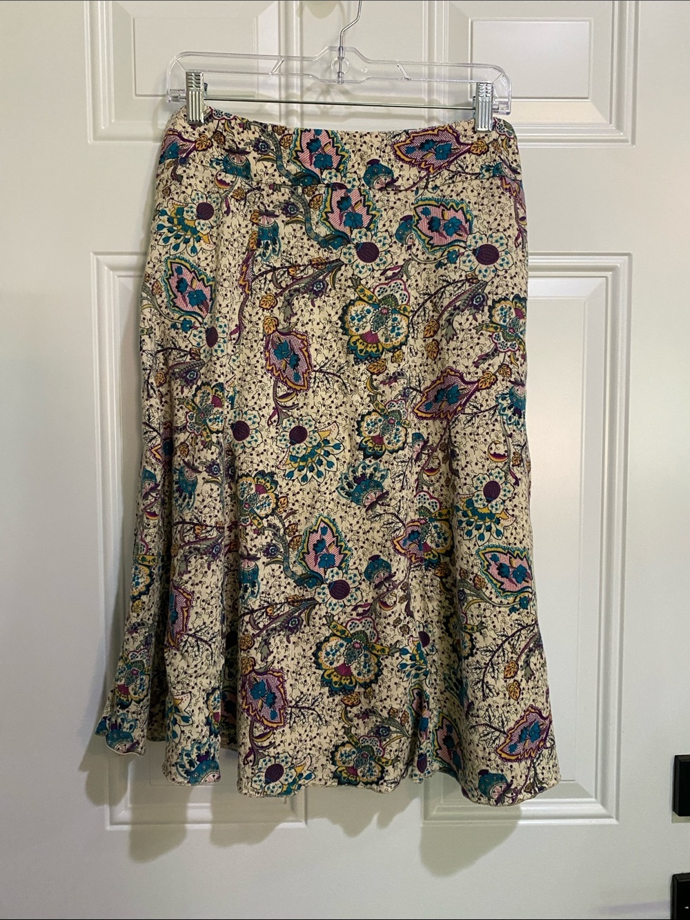 Laura Scott Cream A-Line Midi Skirt with Teal, Purple & Pink Paisley